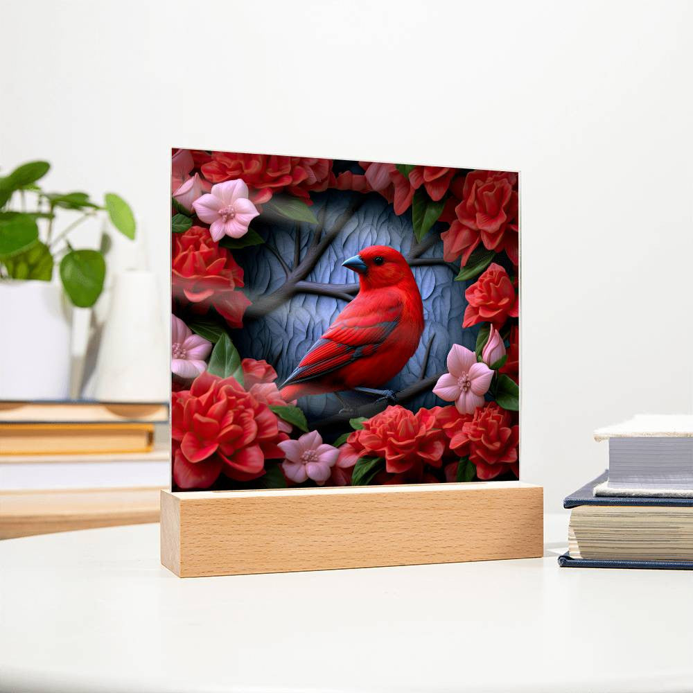 3D Scarlet Tanager Bird Stained Glass Style Acrylic Square Plaque
