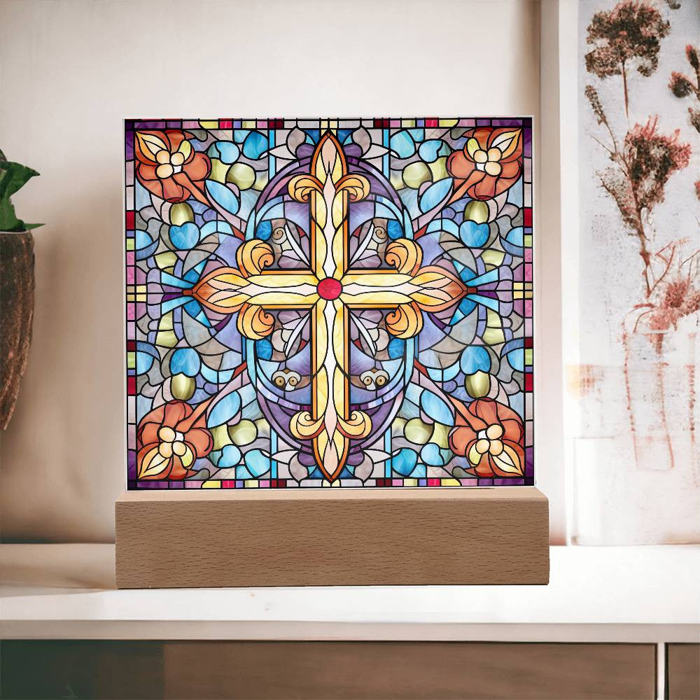 Stained Glass Style Cross Plaque