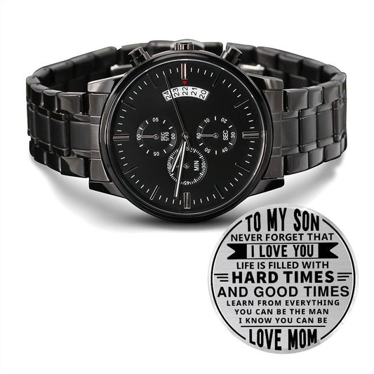 To My Son | Never Forget | Engraved Design Black Chronograph Watch