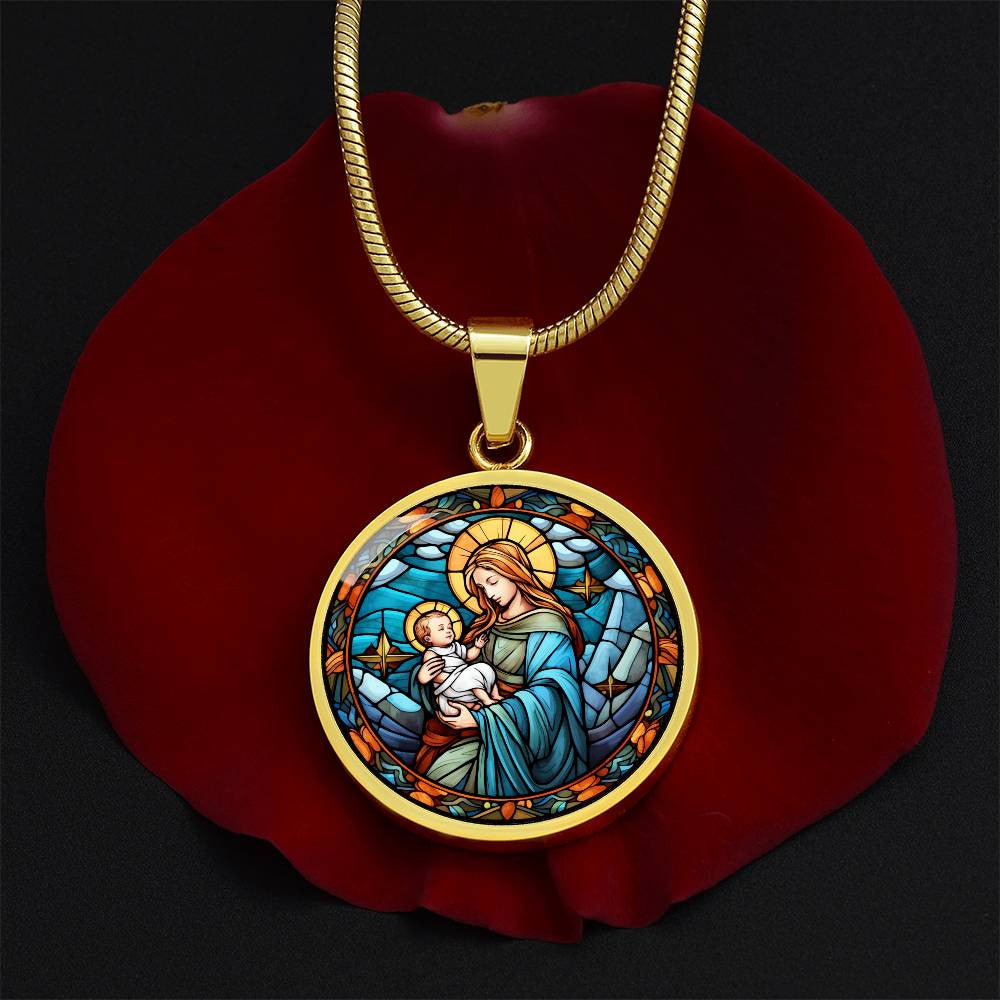 Virgen Mary and Baby Jesus Stained Glass Look Necklace