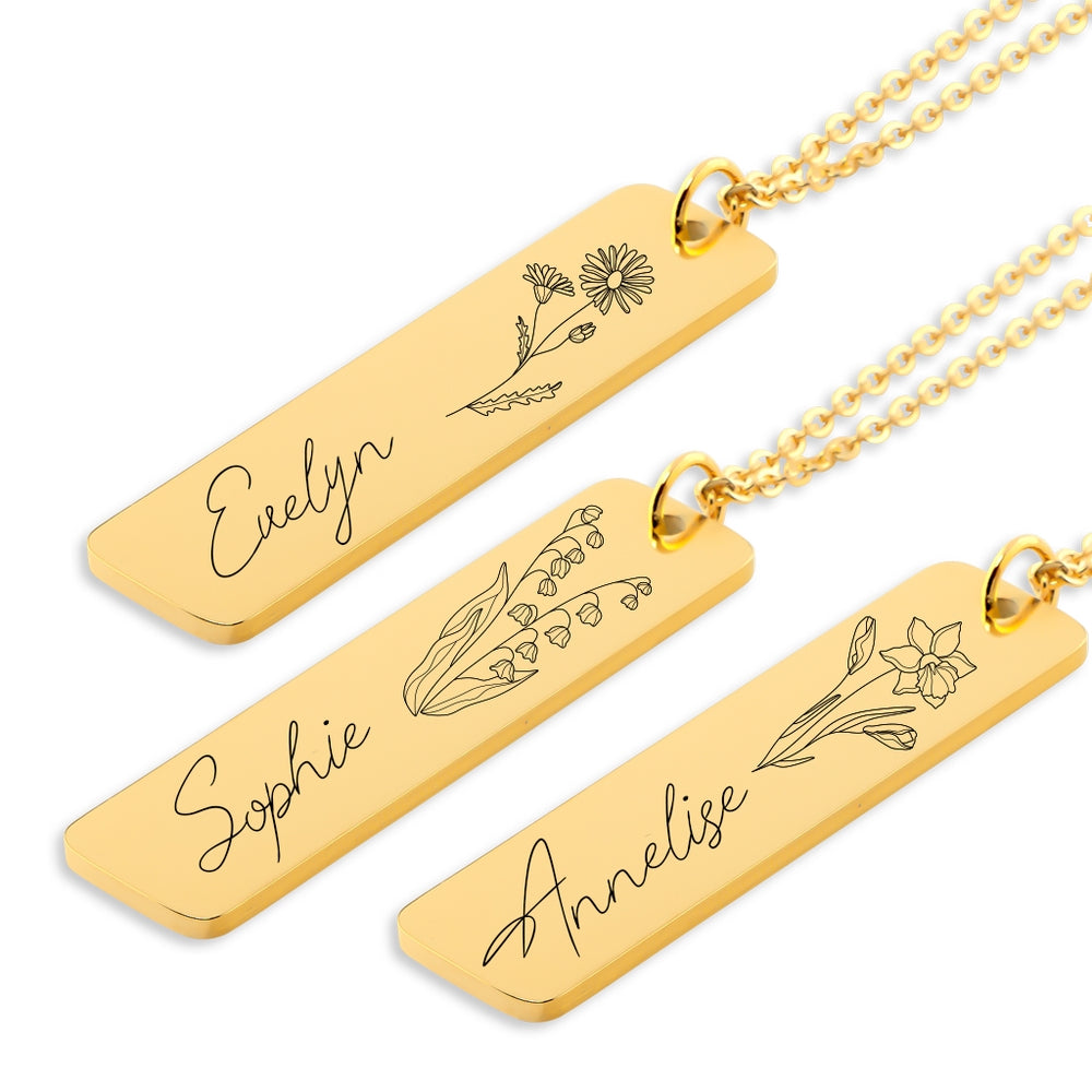 Name & Birthflower Horizontal Necklace