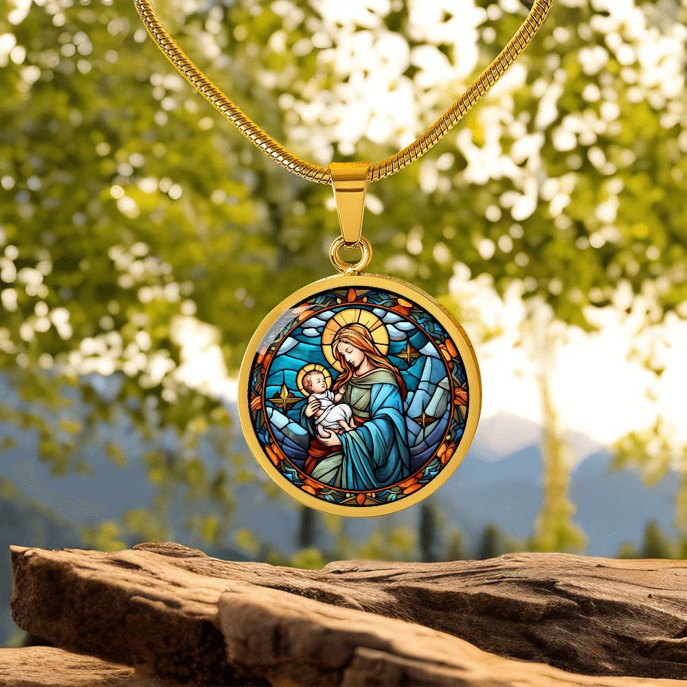 Virgen Mary and Baby Jesus Stained Glass Look Necklace