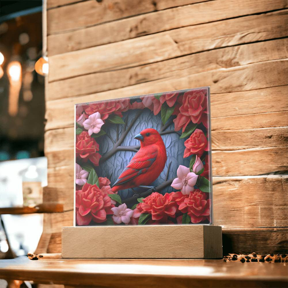 3D Scarlet Tanager Bird Stained Glass Style Acrylic Square Plaque