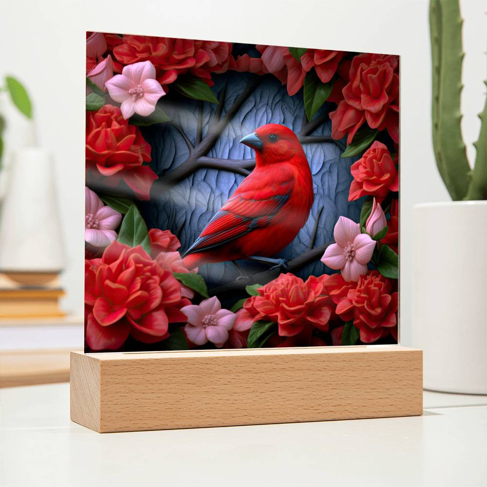 3D Scarlet Tanager Bird Stained Glass Style Acrylic Square Plaque