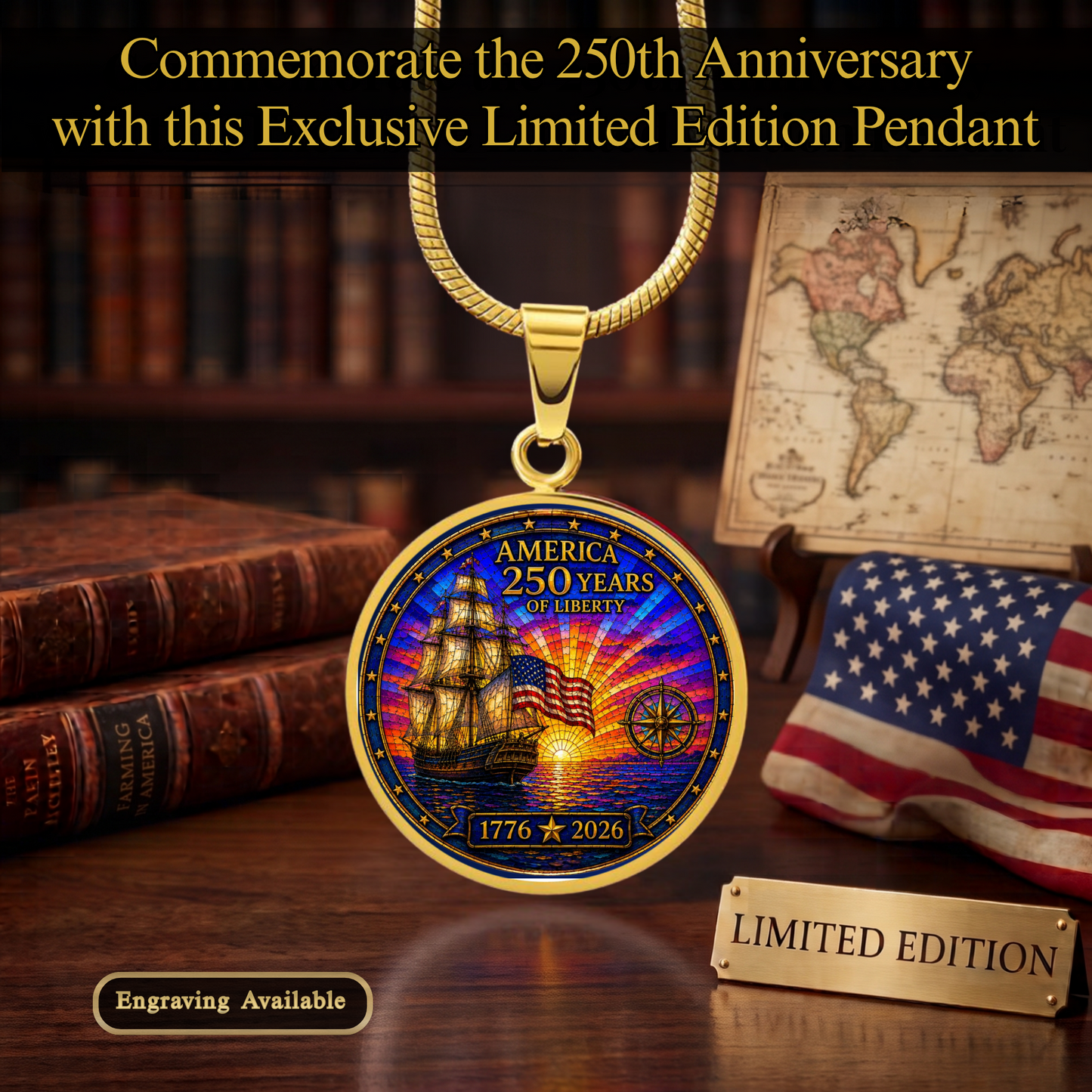 America 250 Years Necklace or Keychain Stained Glass Style Liberty Ship Patriotic Commemorative Limited Edition