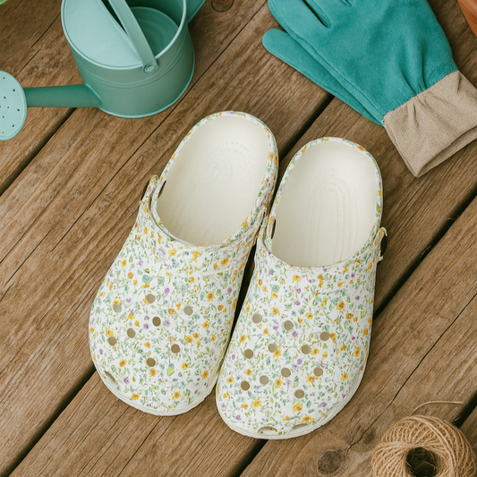Floral-patterned slippers on a wooden surface with gardening tools.