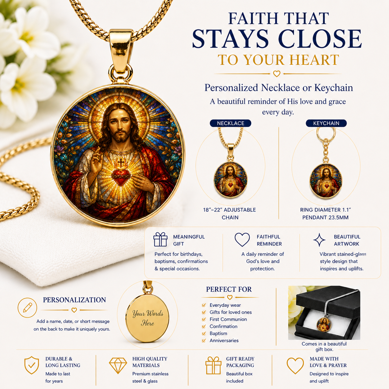 Sacred Heart of Jesus Necklace or Keychain, Catholic Necklace, Christian Jewelry, Religious Keepsake Gift