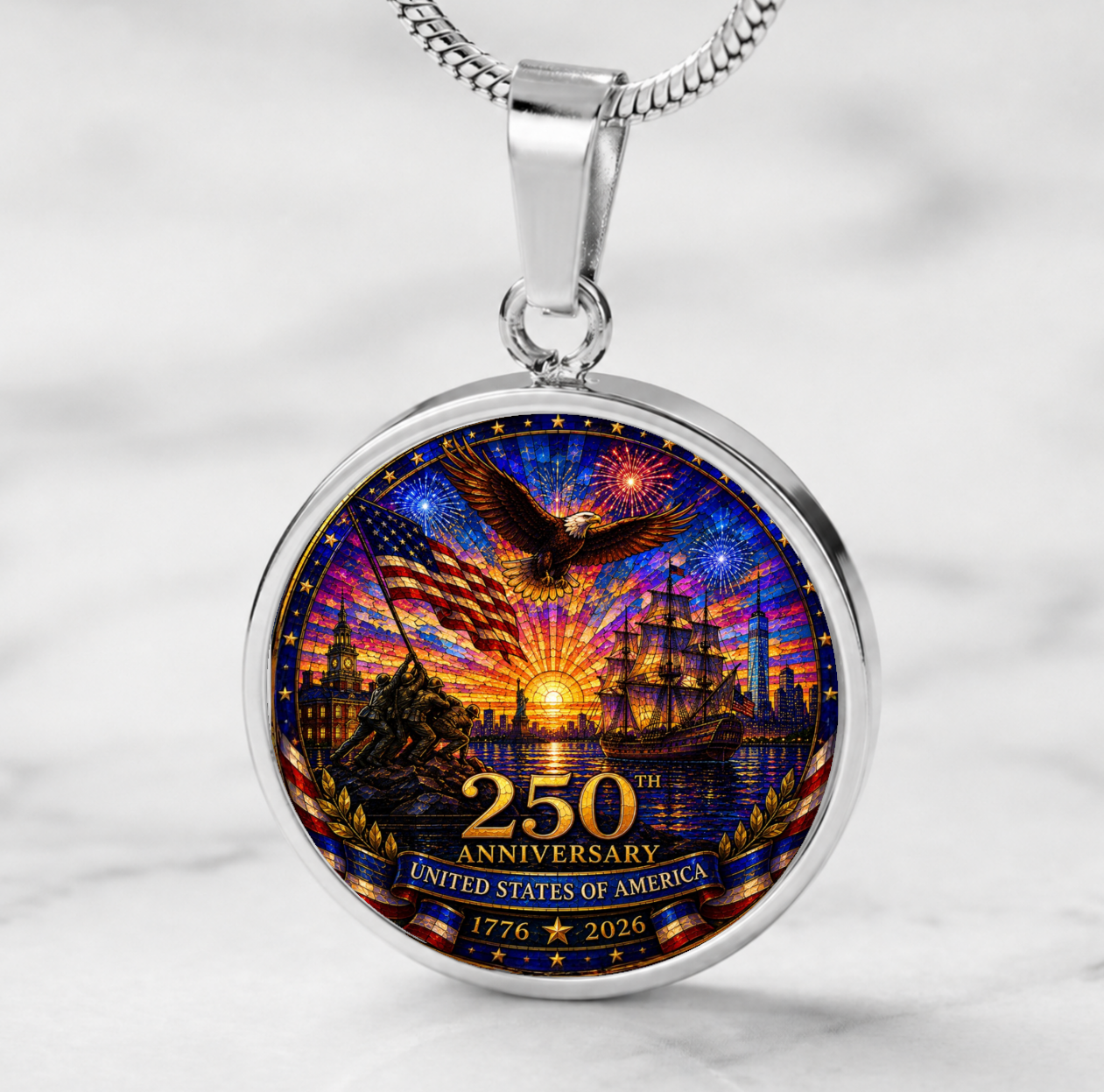 250th Anniversary United States of America Necklace or Keychain Stained Glass Style Patriotic Eagle Ship USA Commemorative Limited Edition