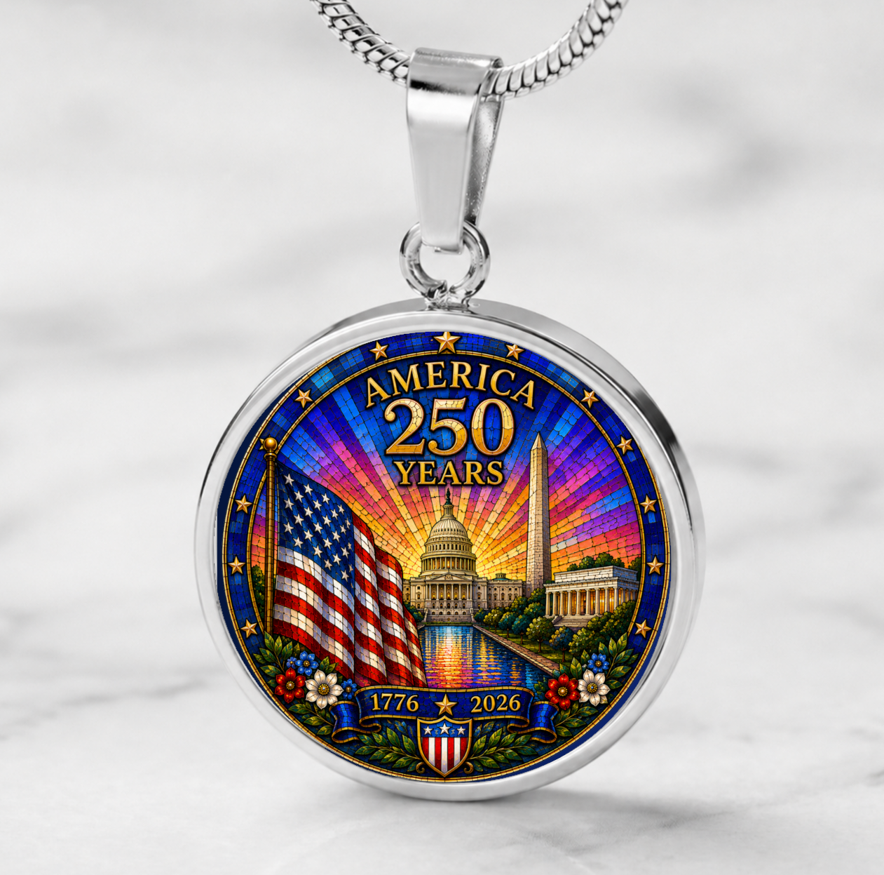 America 250 Years Necklace or Keychain Stained Glass Style USA Commemorative Limited Edition Patriotic Keepsake