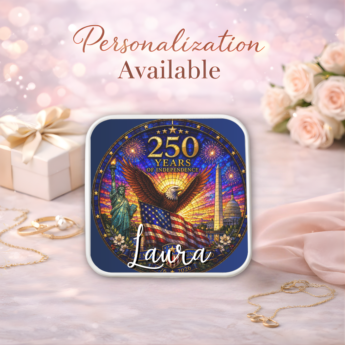 250 Years of Independence Necklace or Keychain Stained Glass Style Patriotic Eagle USA Commemorative Limited Edition