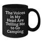 Funny Camping Gifts from Men for Friends - Black Coffee Mug with Inspirational Quote 'The Voices In My Head Are Telling Me To Go Camping' - Graduation Unique Gifts - Additional