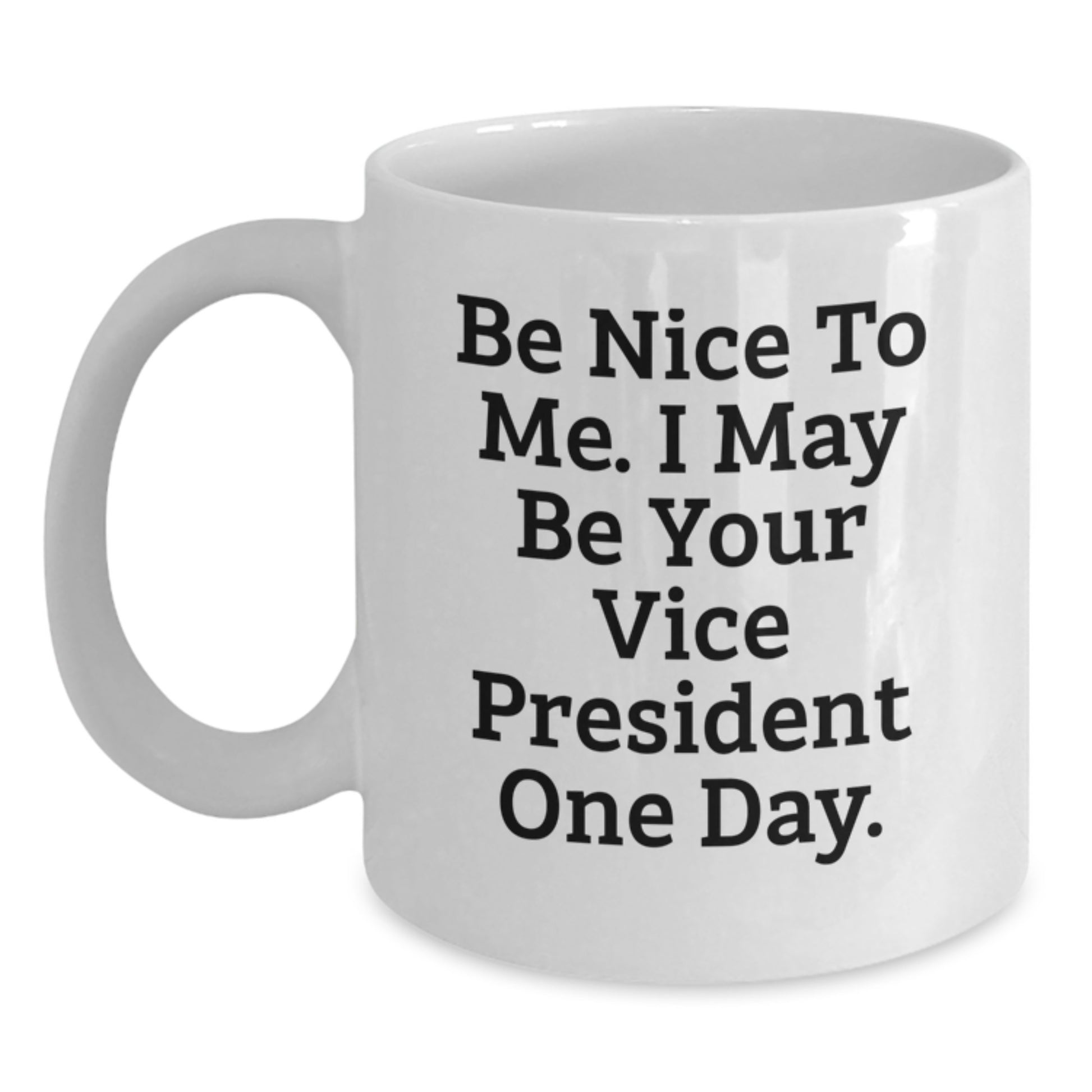 Funny Vice President Gifts from Friends - White Coffee Mug, Graduation Unique Gifts for Him, Her, or Coworkers, 'Be Nice To Me. I May Be Your Vice President One Day.' - Main