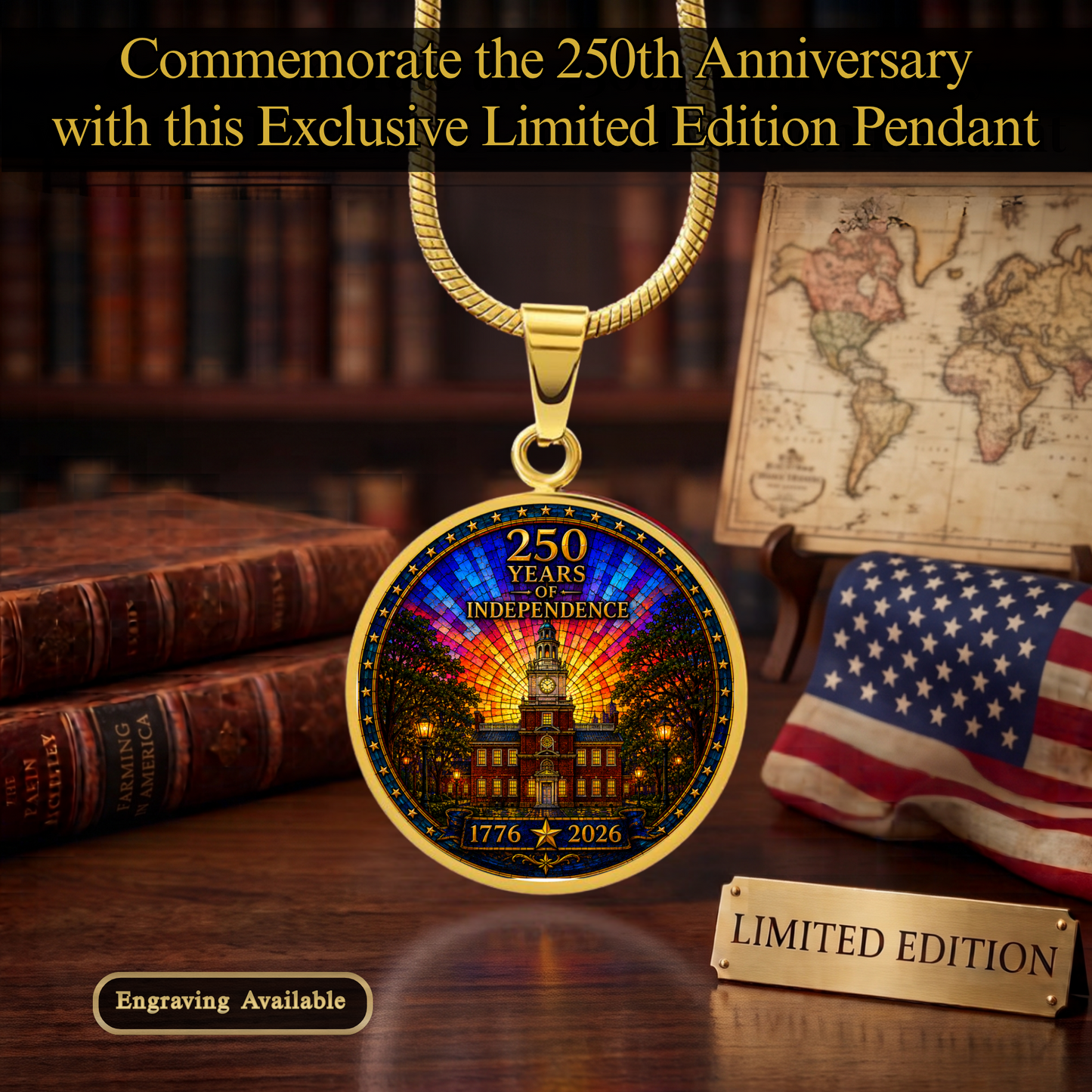 250 Years of Independence Necklace or Keychain Stained Glass Style Independence Hall USA Patriotic Commemorative Limited Edition