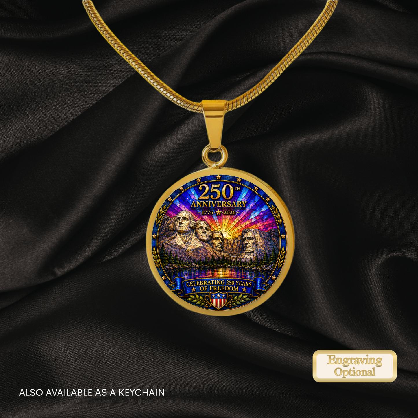Mount Rushmore 250th Anniversary Necklace or Keychain Stained Glass Style Patriotic USA Commemorative Limited Edition
