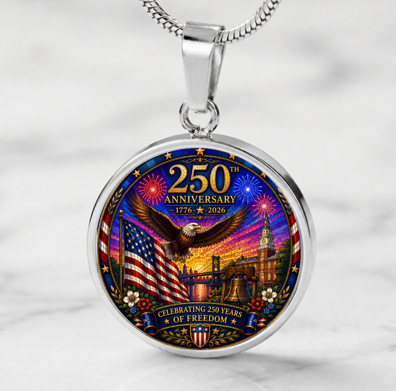 250th Anniversary Necklace or Keychain Stained Glass Style Patriotic USA Freedom Commemorative Limited Edition