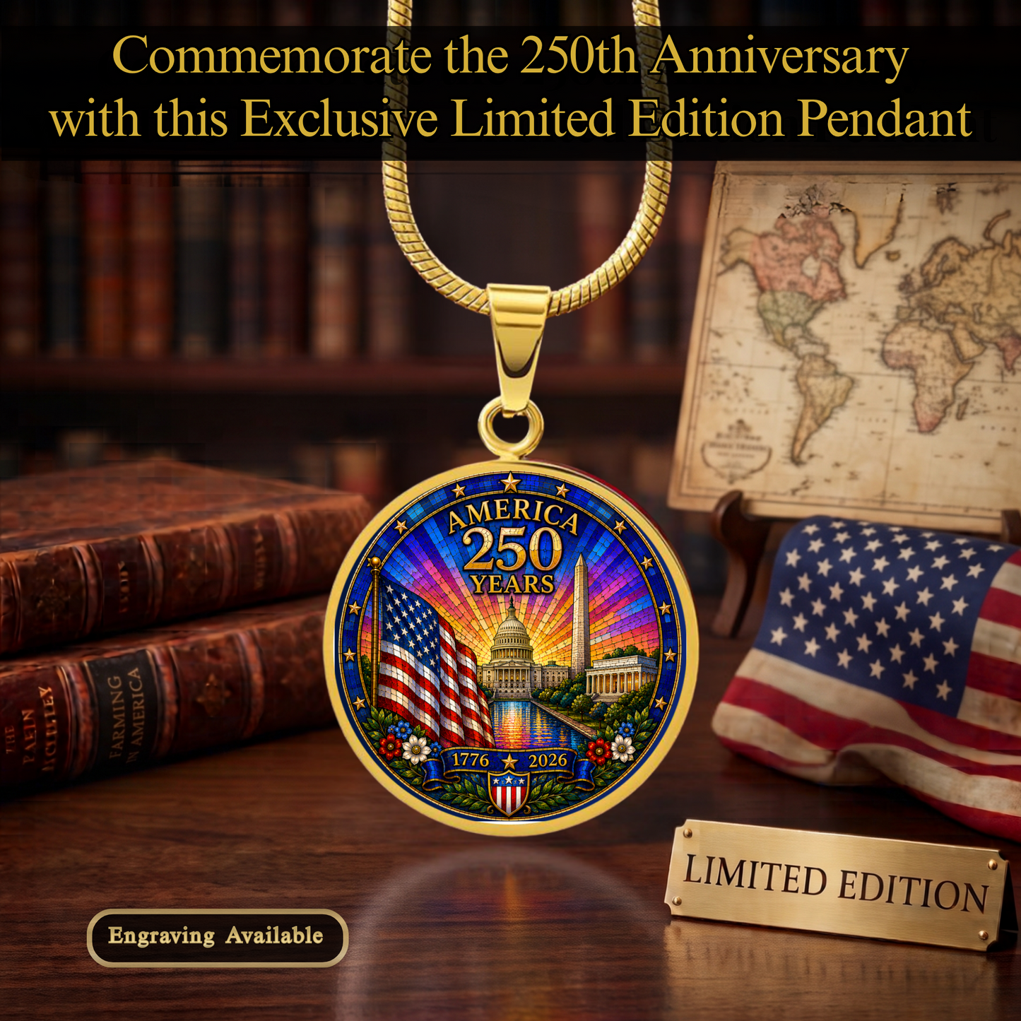 America 250 Years Necklace or Keychain Stained Glass Style USA Commemorative Limited Edition Patriotic Keepsake
