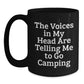 Funny Camping Gifts from Men for Friends - Black Coffee Mug with Inspirational Quote 'The Voices In My Head Are Telling Me To Go Camping' - Graduation Unique Gifts - Main
