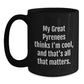 Funny Great Pyrenees Dog Lover Gifts from Friends to Men, Great Pyrenees Dog Gifts for Birthday, Black Coffee Mug with Quote 'My Great Pyrenees Thinks I'm Cool, And That's All That Matters.' - Main
