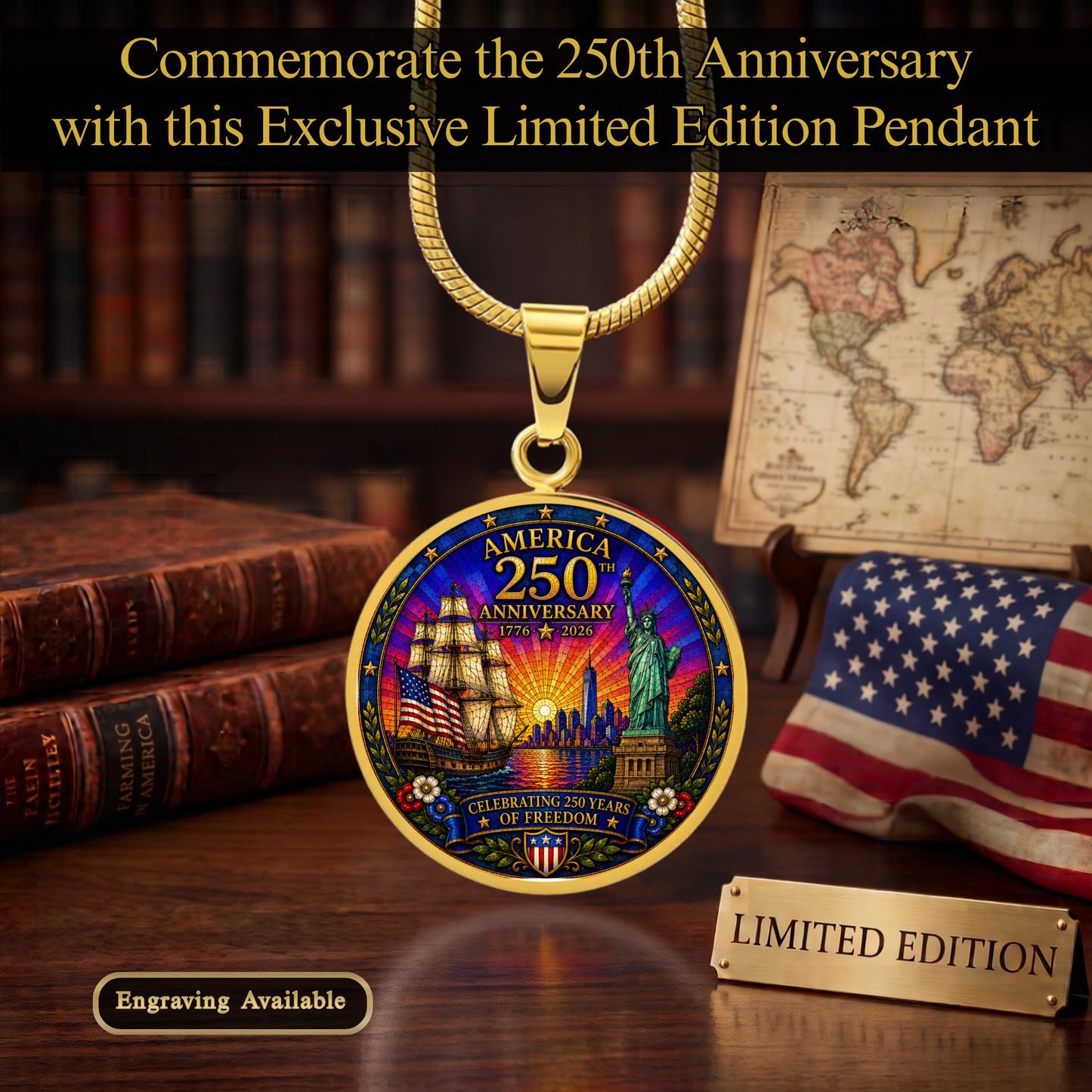 America 250th Anniversary Necklace or Keychain Stained Glass Style Statue of Liberty Ship Patriotic USA Commemorative Limited Edition