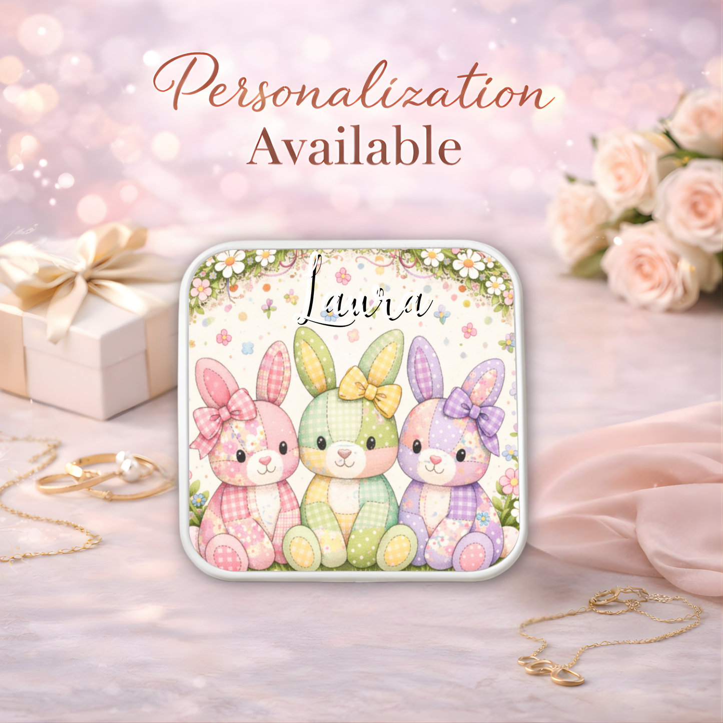 Floral Bunny Necklace or Keychain, Easter Bunny Trio Jewelry, Pastel Rabbit Pendant, Easter Basket Stuffer Gift for Teen Girl