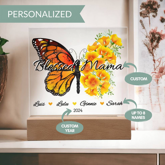 Personalized Floral Butterfly Blessed Mama with Kids Names Plaque