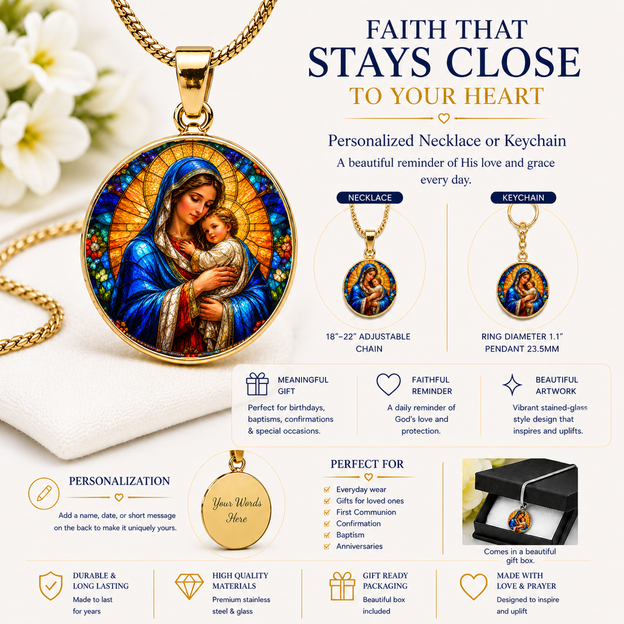 Mary and Baby Jesus Necklace or Keychain, Catholic Necklace, Virgin Mary Jewelry, Religious Keepsake Gift