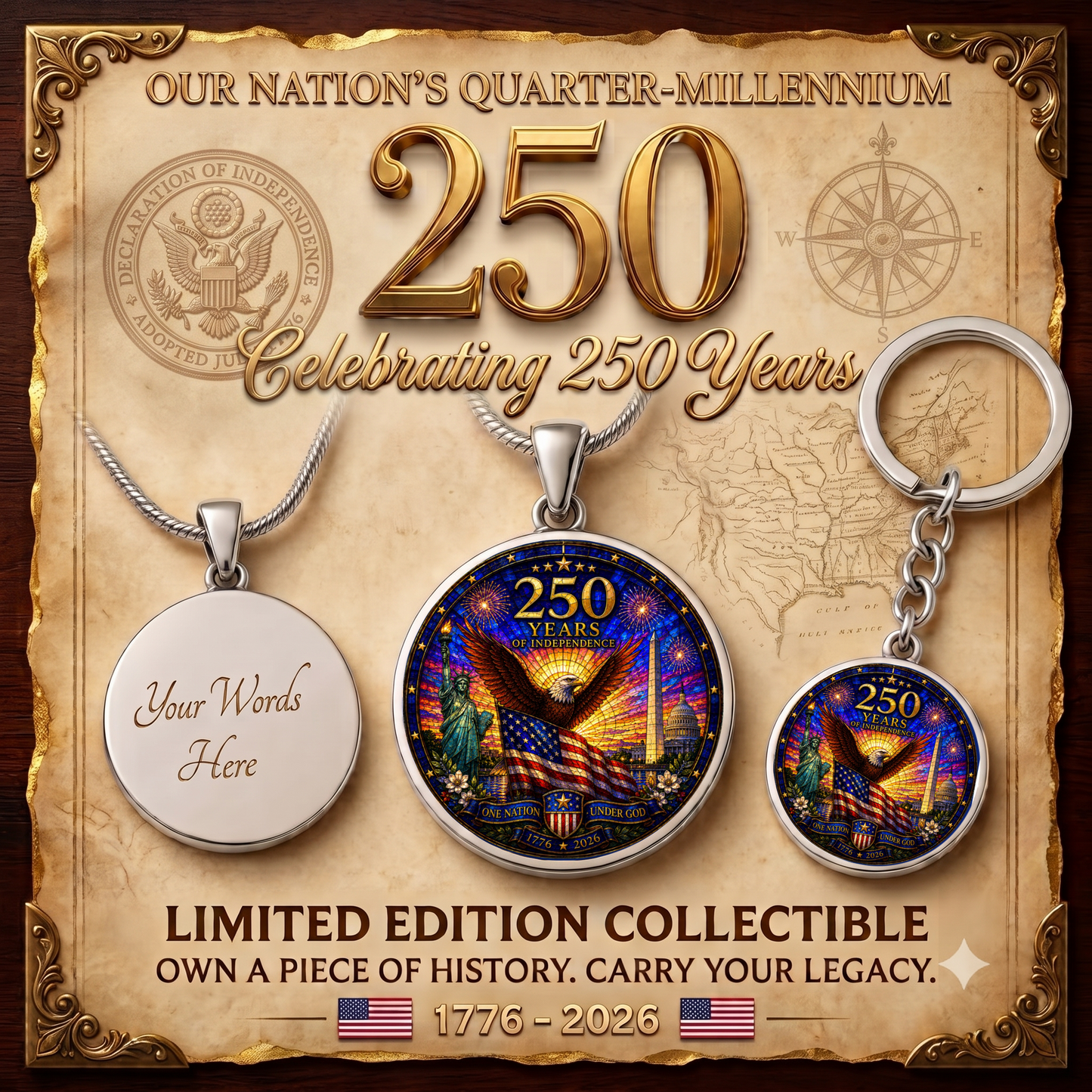 250 Years of Independence Necklace or Keychain Stained Glass Style Patriotic Eagle USA Commemorative Limited Edition