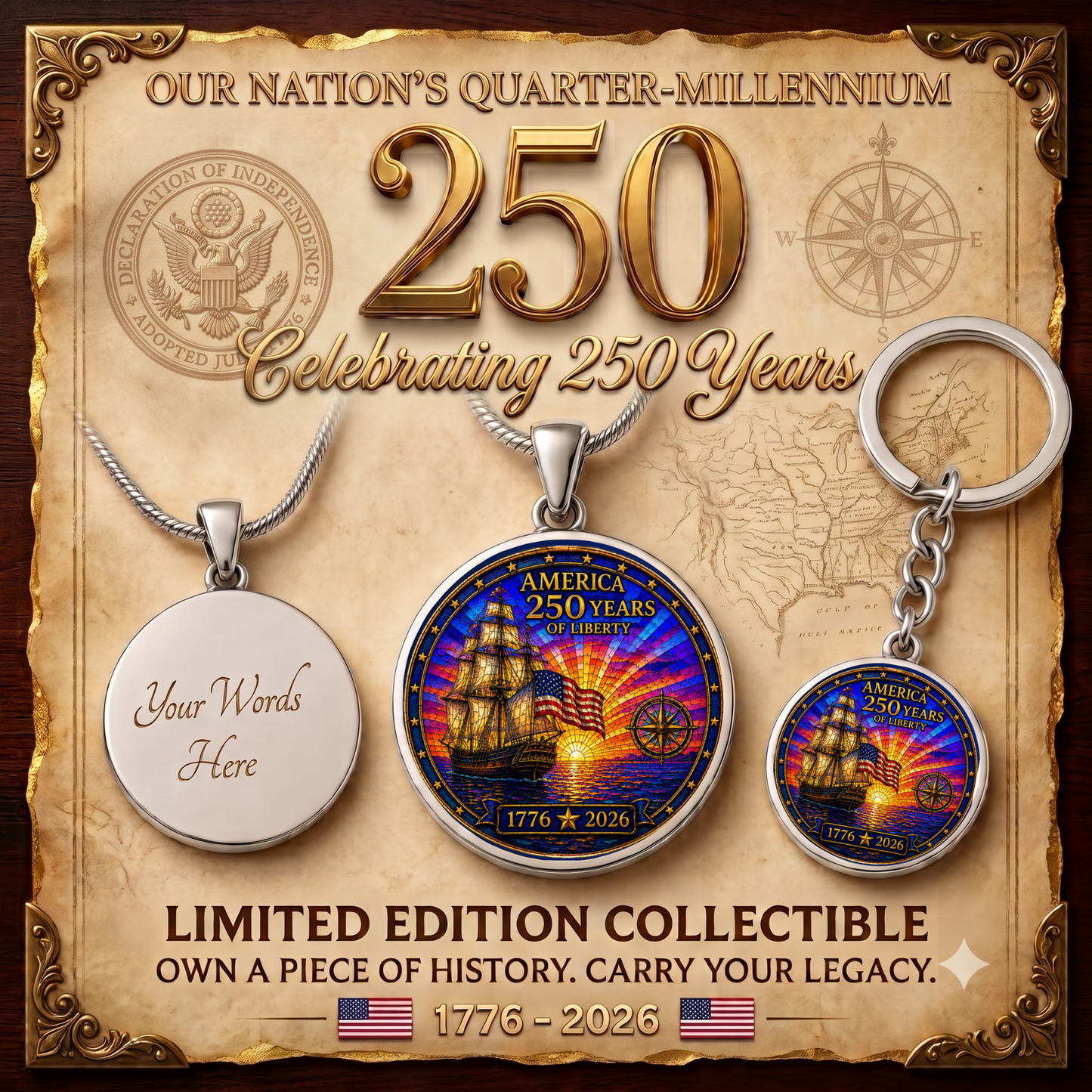 America 250 Years Necklace or Keychain Stained Glass Style Liberty Ship Patriotic Commemorative Limited Edition