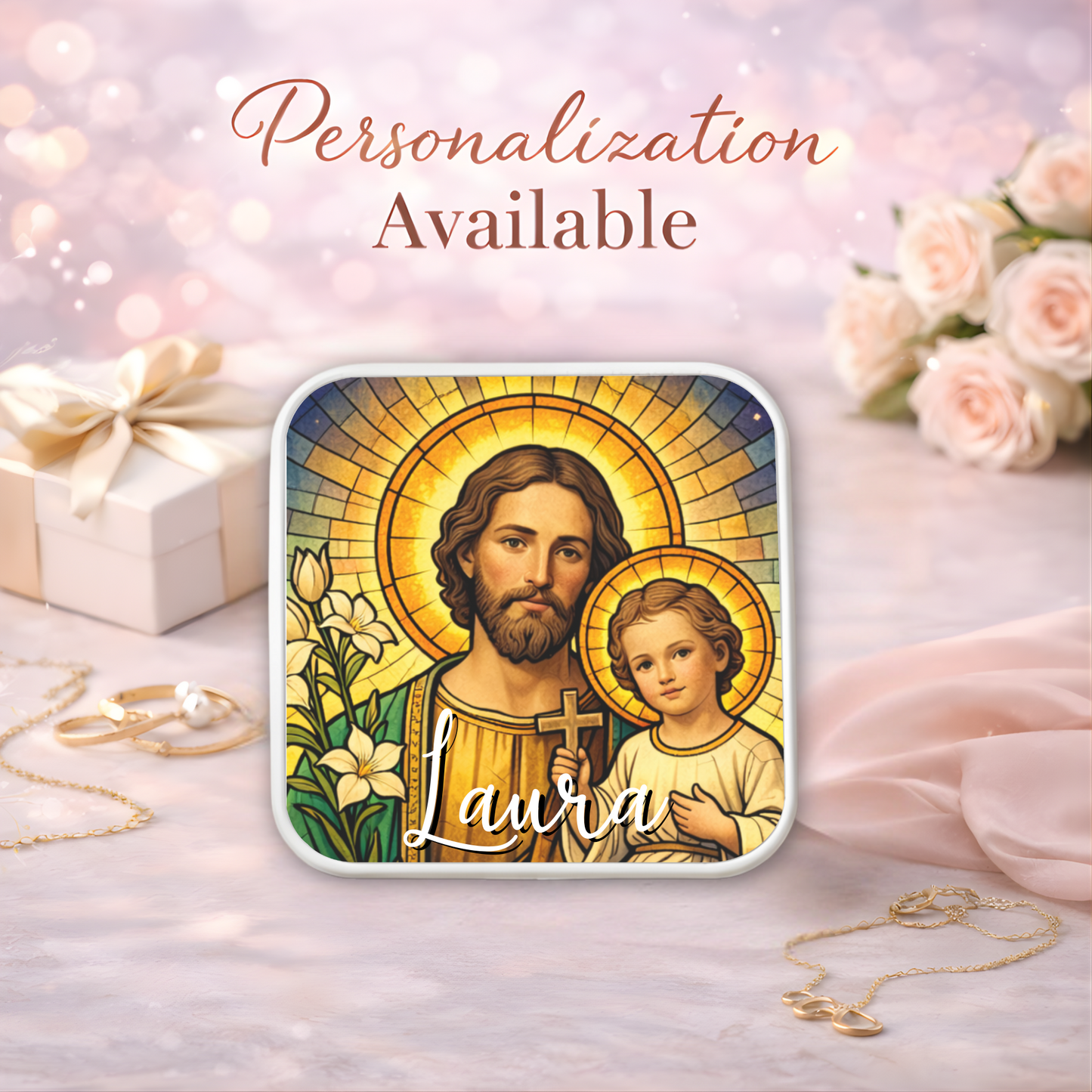 Saint Joseph and Child Jesus Necklace or Keychain, Catholic Patron Saint of Fathers Jewelry, Christian Faith Gift