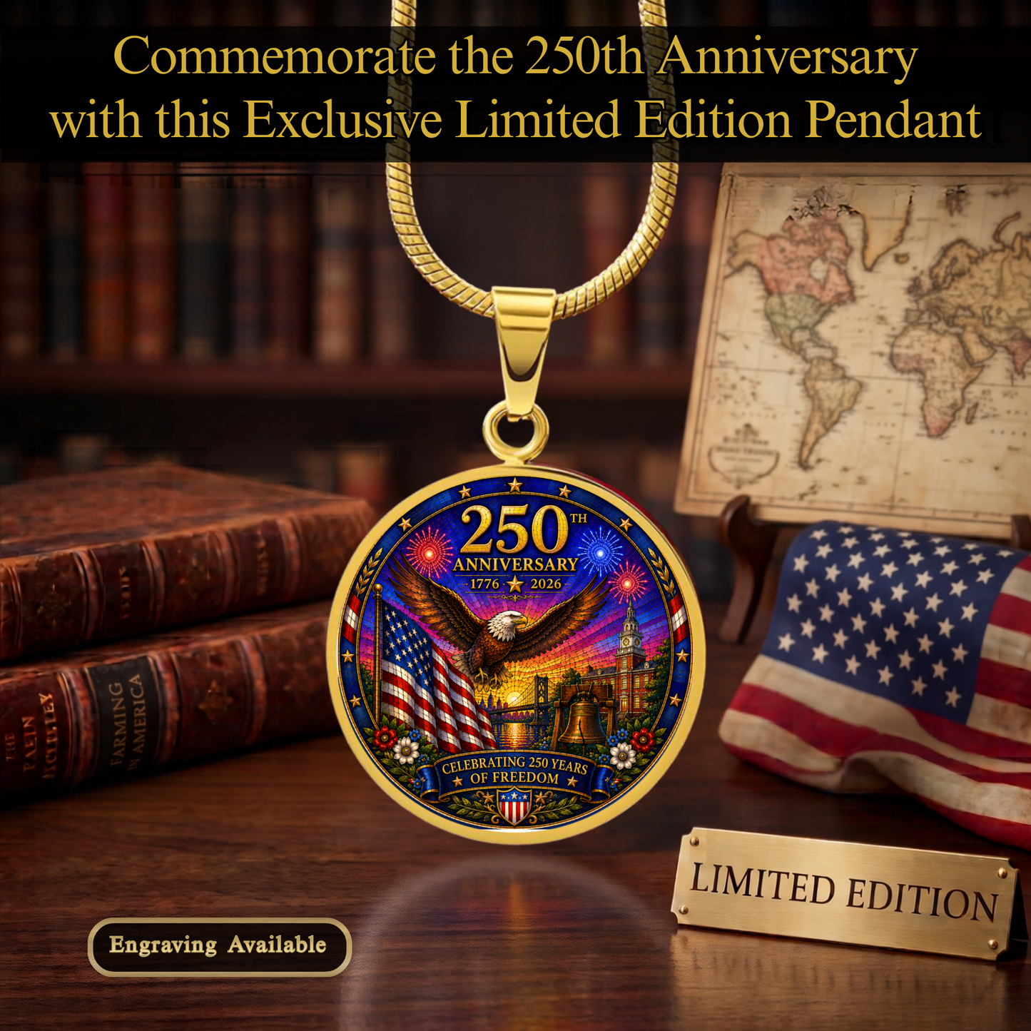250th Anniversary Necklace or Keychain Stained Glass Style USA Commemorative Limited Edition Freedom Keepsake