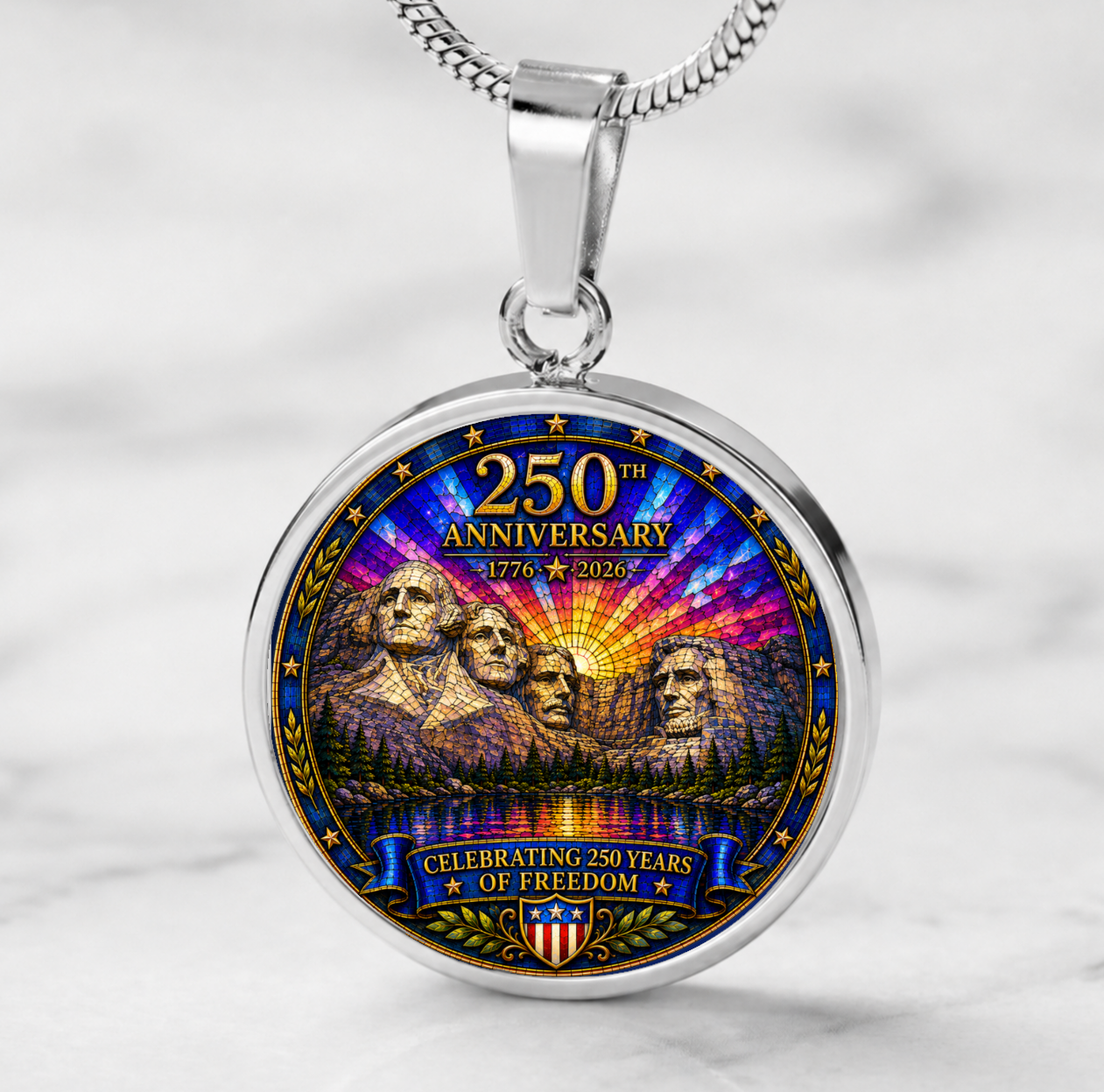 Mount Rushmore 250th Anniversary Necklace or Keychain Stained Glass Style Patriotic USA Commemorative Limited Edition