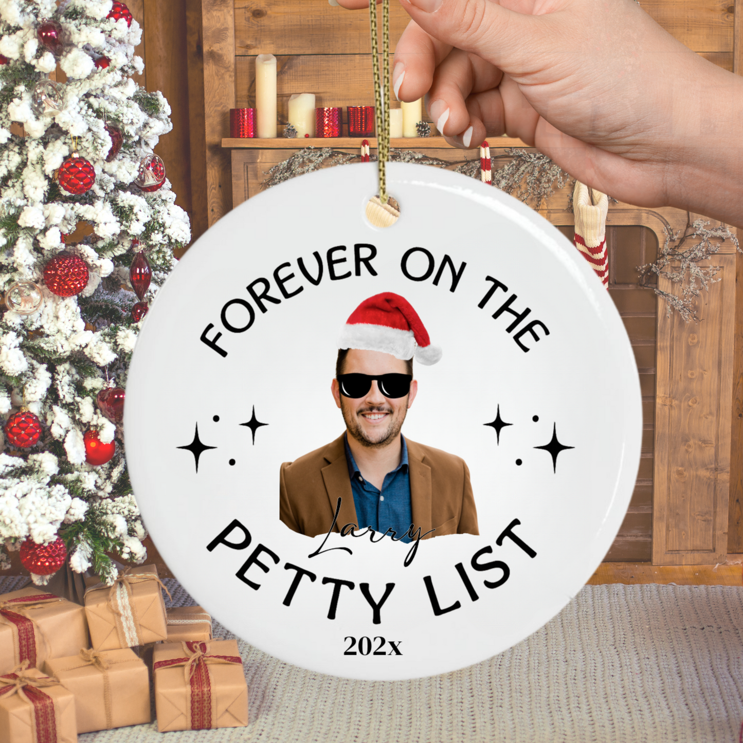 Forever on the Petty List Personalized Christmas Ornament – Funny Custom Name Ornament with Santa Hat – Holiday Gift for Friends & Family