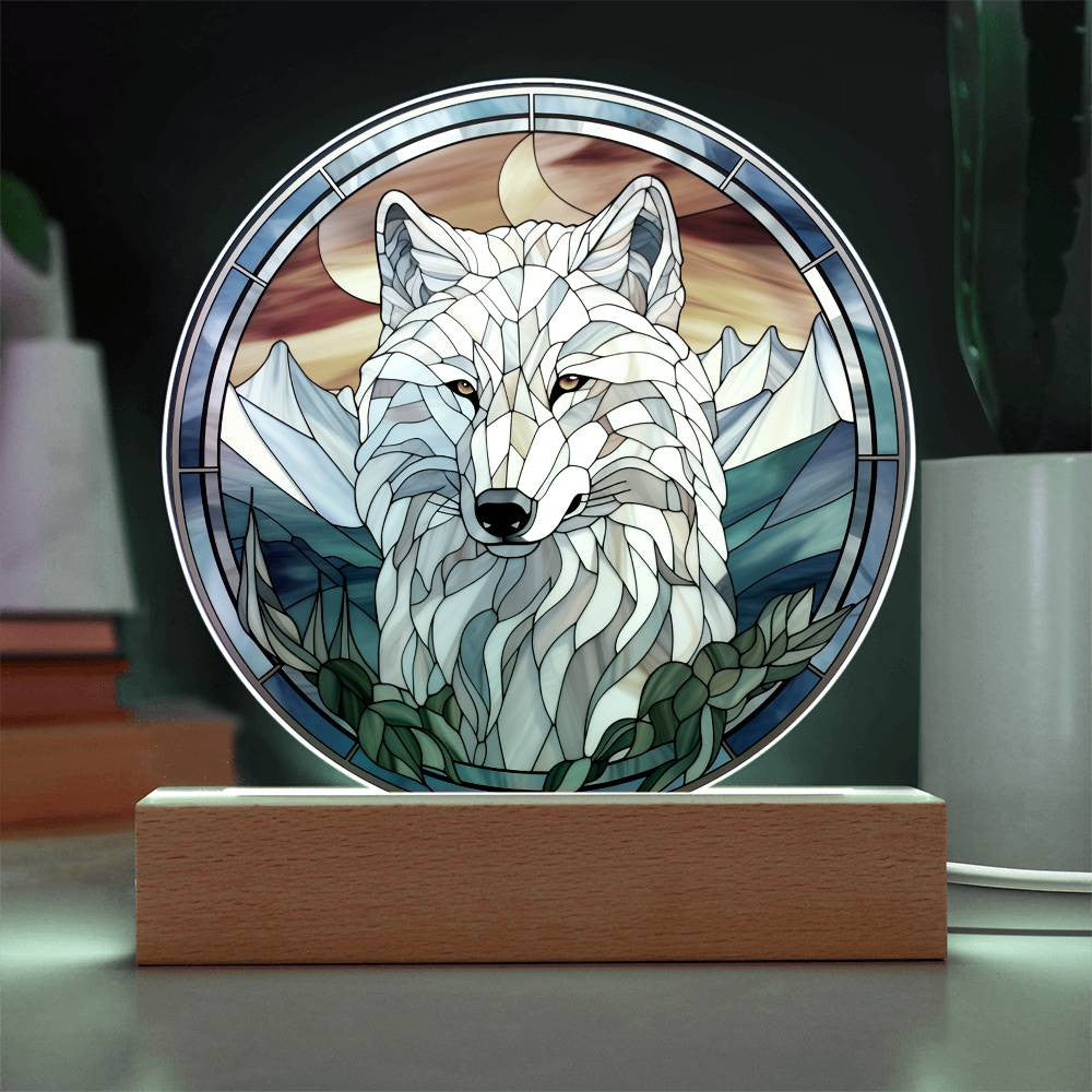 Stained Glass Style White Wolf Plaque