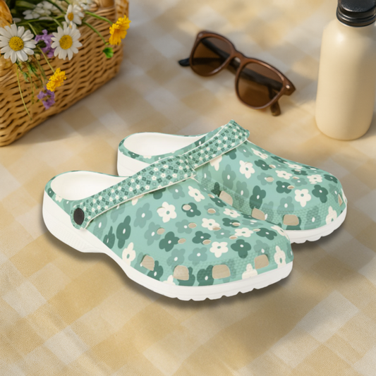 Retro Teal Daisy Garden Shoes for Adults & Kids – Lightweight EVA Slip-On Floral Summer Nurse Sandals Water-Resistant Comfort Footwear, Mom