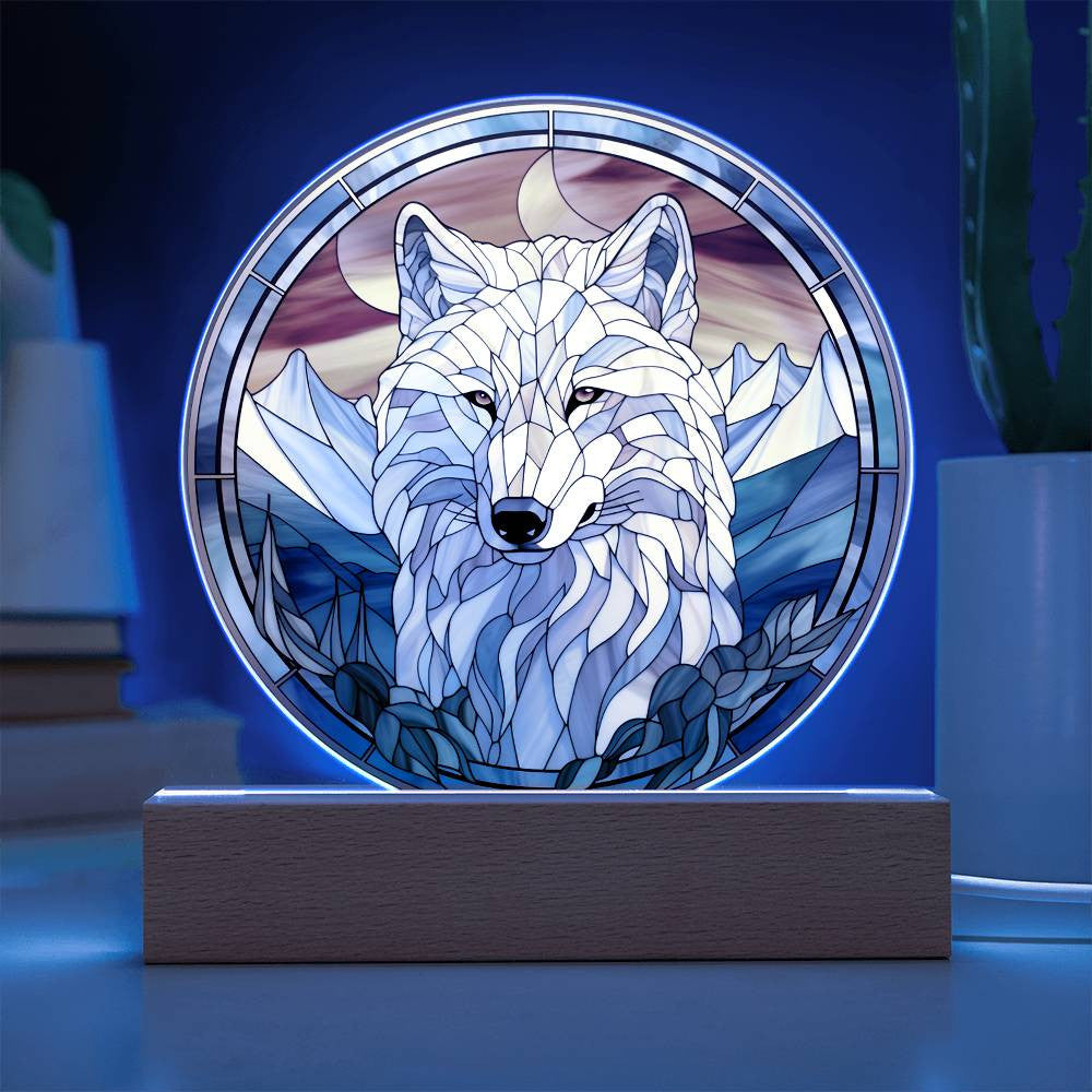 Stained Glass Style White Wolf Plaque