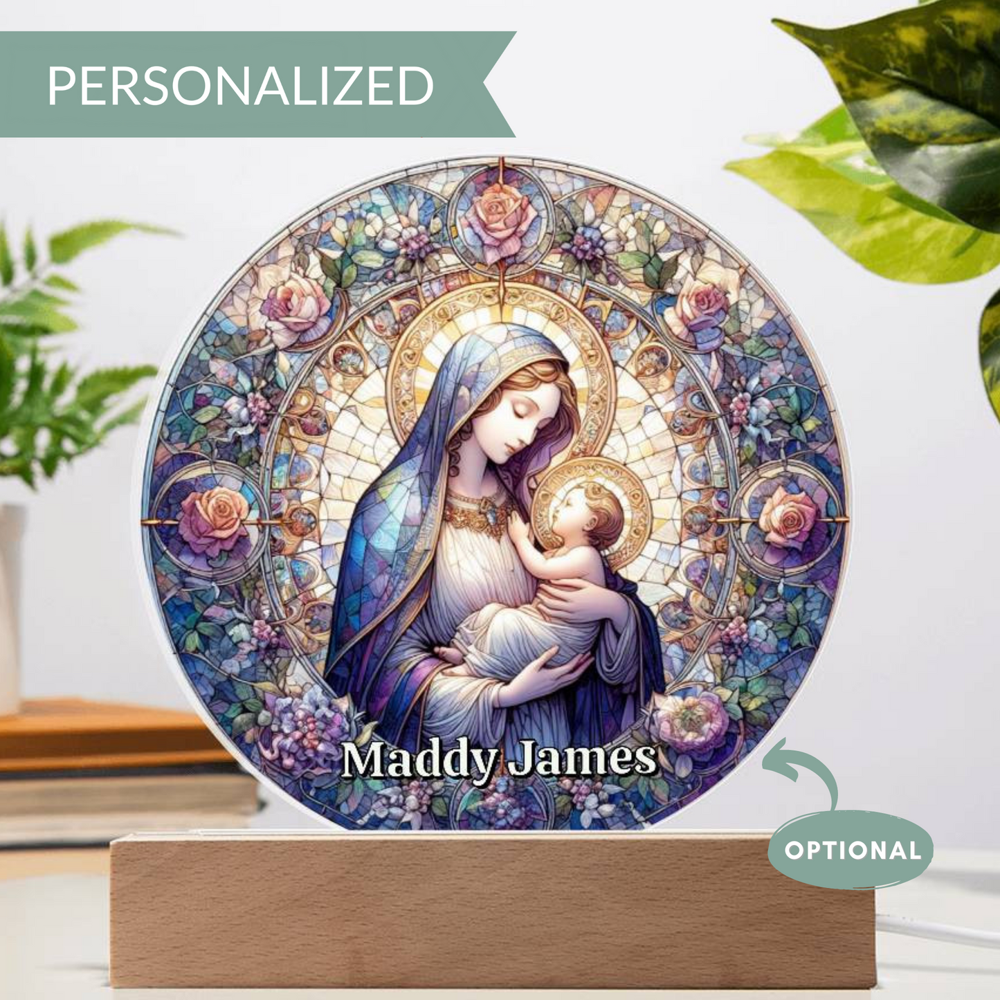 Mary and Baby Jesus Stained Glass Style Plaque