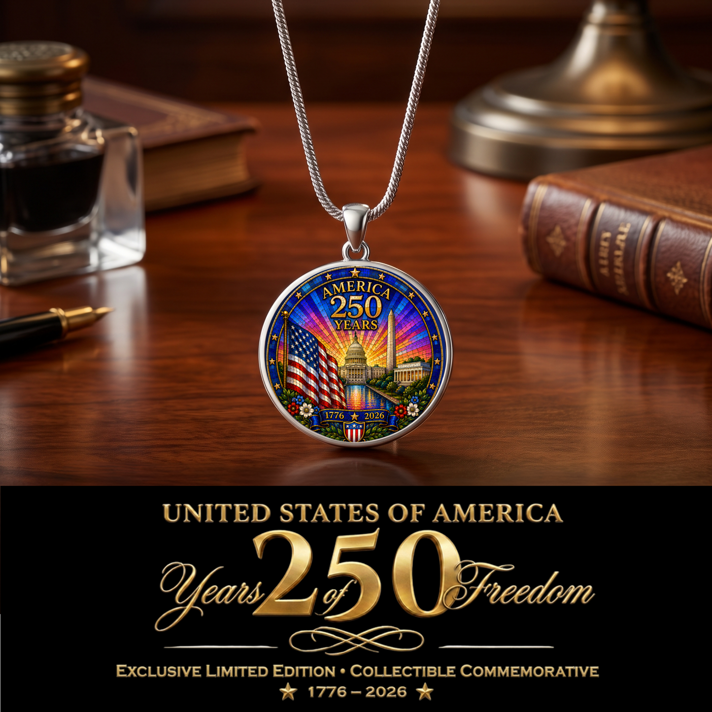 America 250 Years Necklace or Keychain Stained Glass Style USA Commemorative Limited Edition Patriotic Keepsake