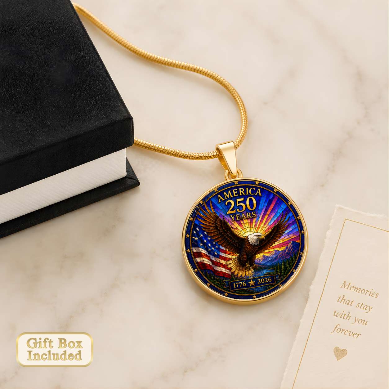 America 250 Years Necklace or Keychain Stained Glass Style USA Commemorative Limited Edition Patriotic Keepsake