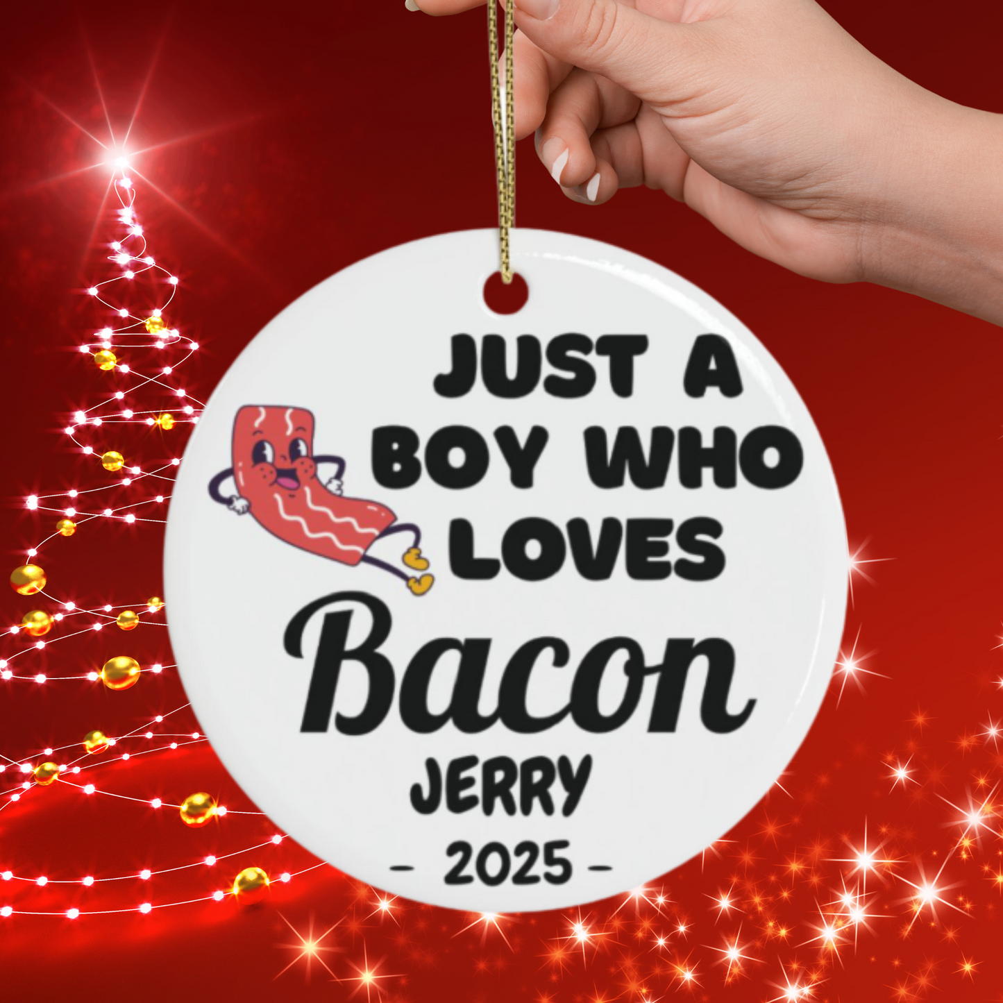 Personalized Bacon Ornament, Custom Just a Boy Who Loves Bacon Holiday Ornament, Bacon Lover Gift Xmas Ornament, Breakfast Lover Ornament