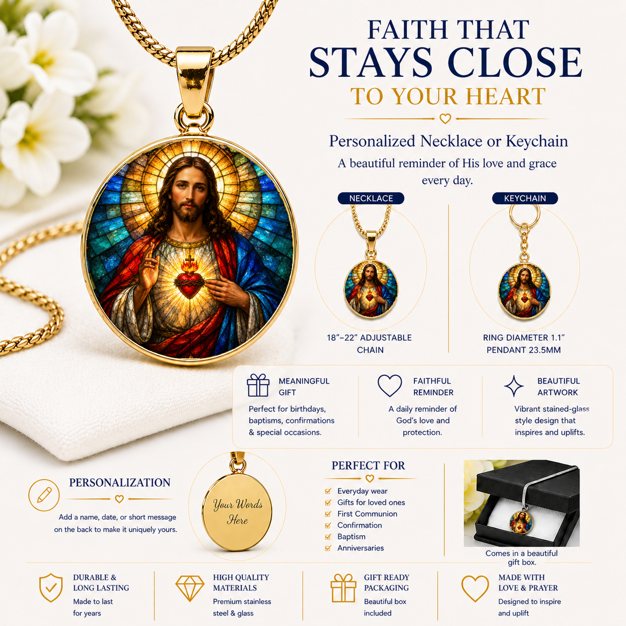 Sacred Heart of Jesus Necklace or Keychain, Catholic Necklace, Christian Jewelry, Religious Keepsake Gift