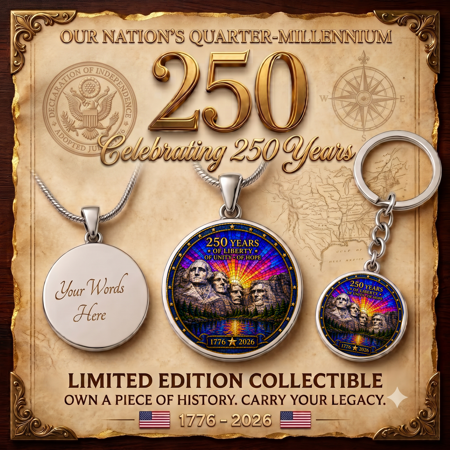 Mount Rushmore Necklace or Keychain Stained Glass Style USA Commemorative 250 Years of Liberty Limited Edition Keepsake