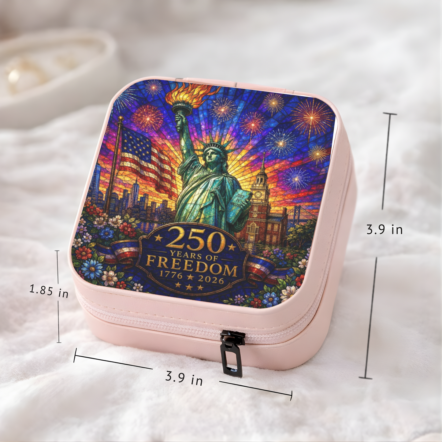 250 Years of Freedom Necklace or Keychain Stained Glass Style Statue of Liberty Independence Hall Patriotic USA Commemorative Limited Edition