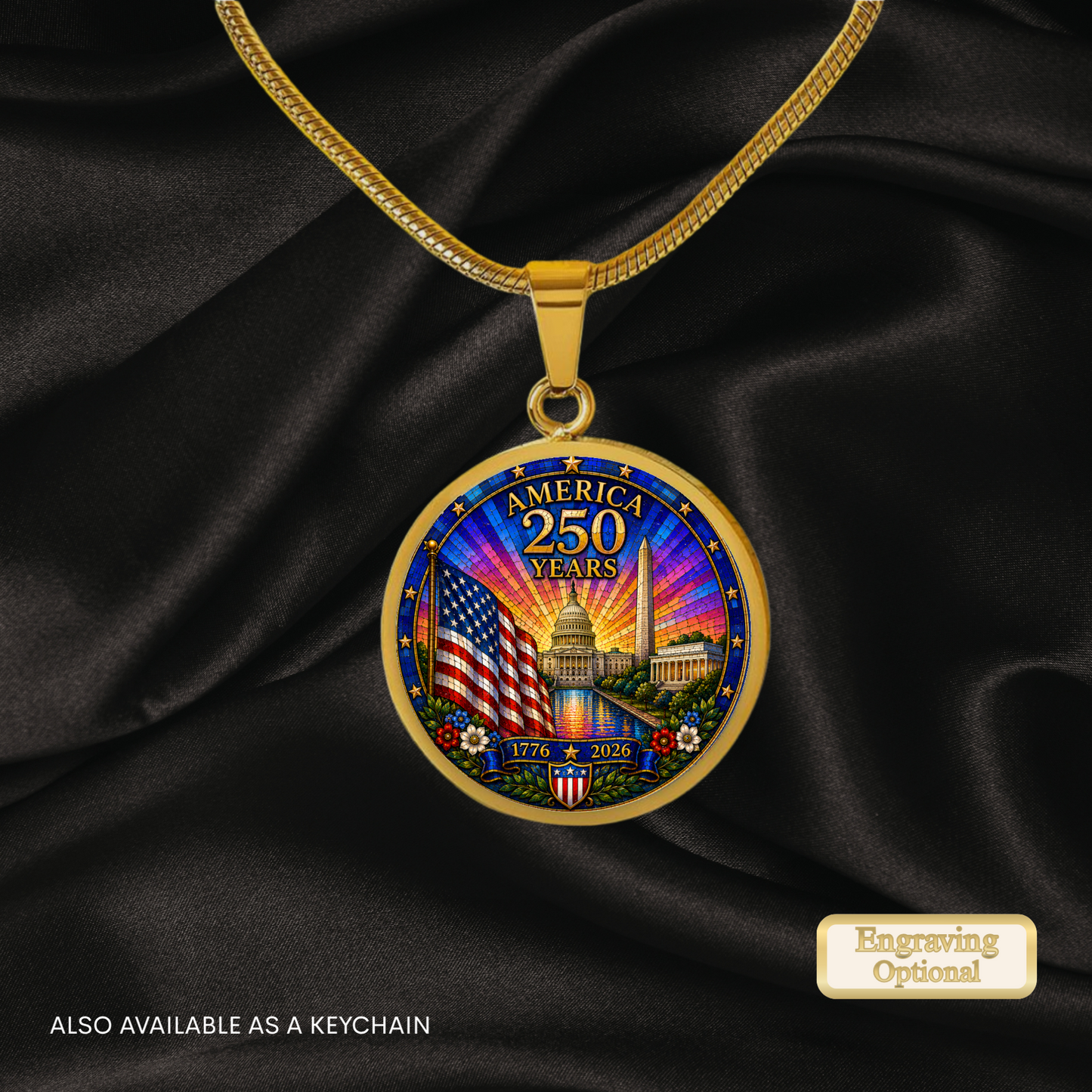 America 250 Years Necklace or Keychain Stained Glass Style USA Commemorative Limited Edition Patriotic Keepsake