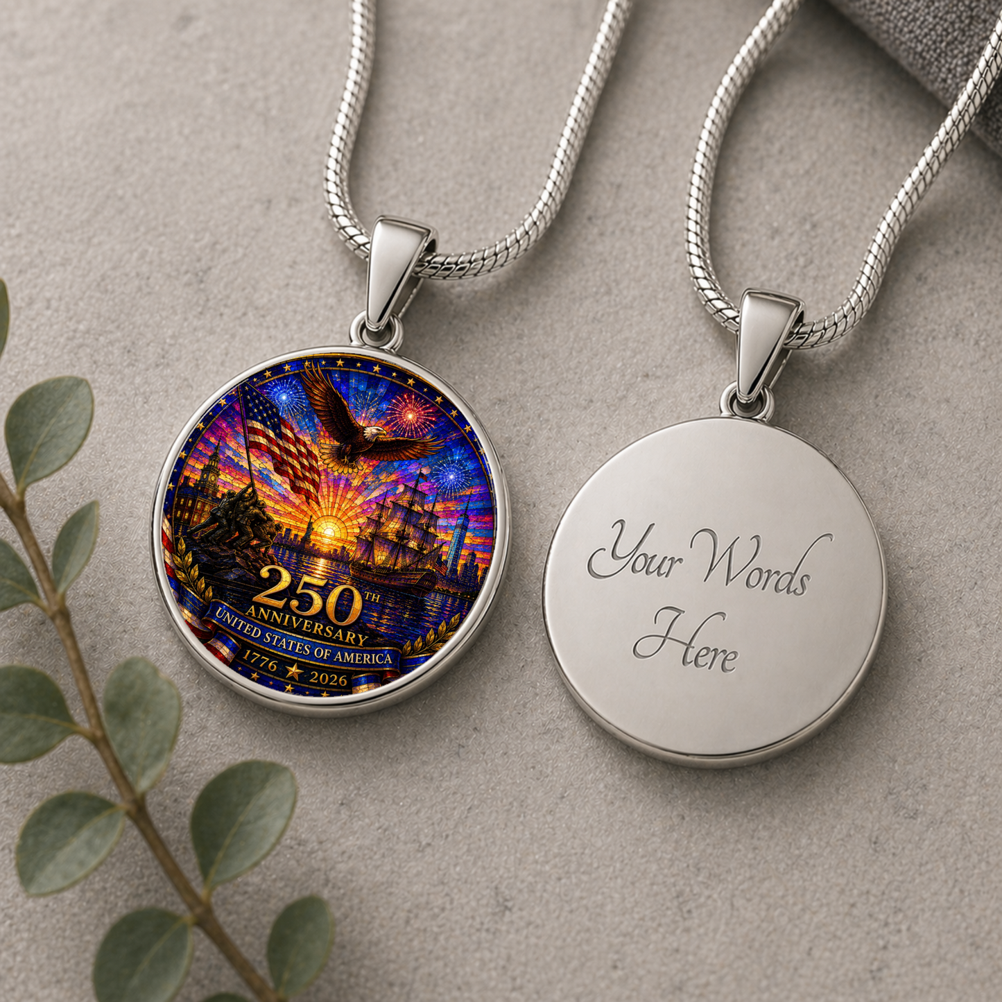250th Anniversary United States of America Necklace or Keychain Stained Glass Style Patriotic Eagle Ship USA Commemorative Limited Edition