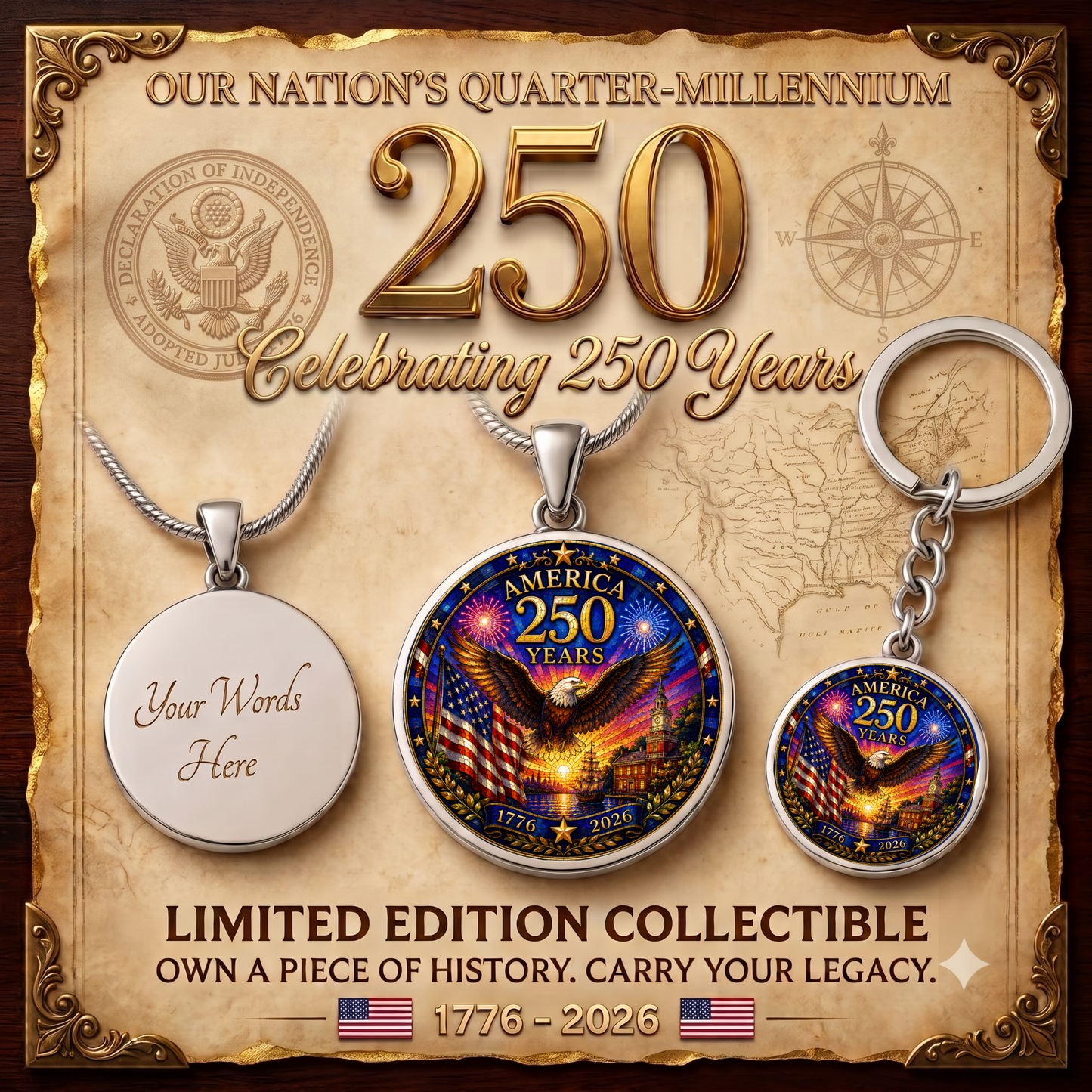America 250 Years Necklace or Keychain Stained Glass Style Patriotic USA Eagle Commemorative Limited Edition