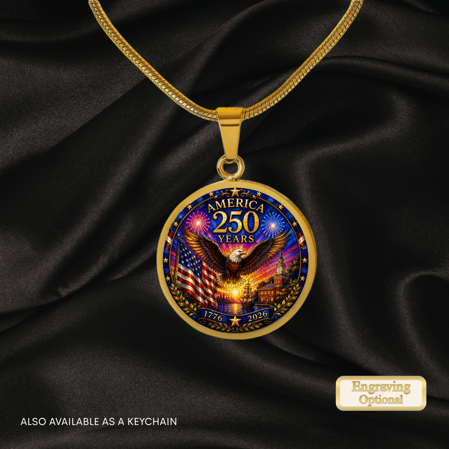 America 250 Years Necklace or Keychain Stained Glass Style Patriotic USA Eagle Commemorative Limited Edition