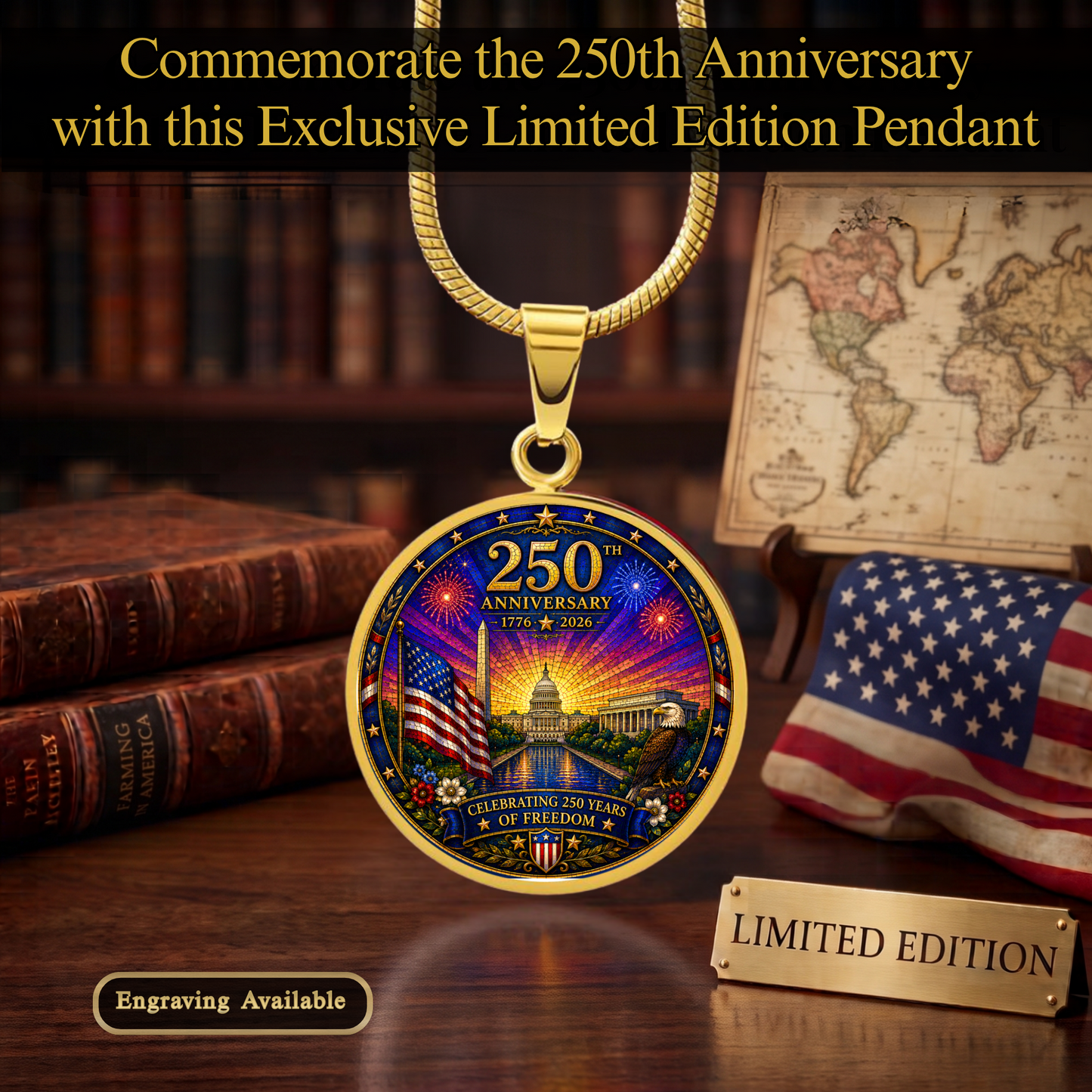 250th Anniversary Necklace or Keychain Stained Glass Style Washington DC Patriotic Commemorative Limited Edition