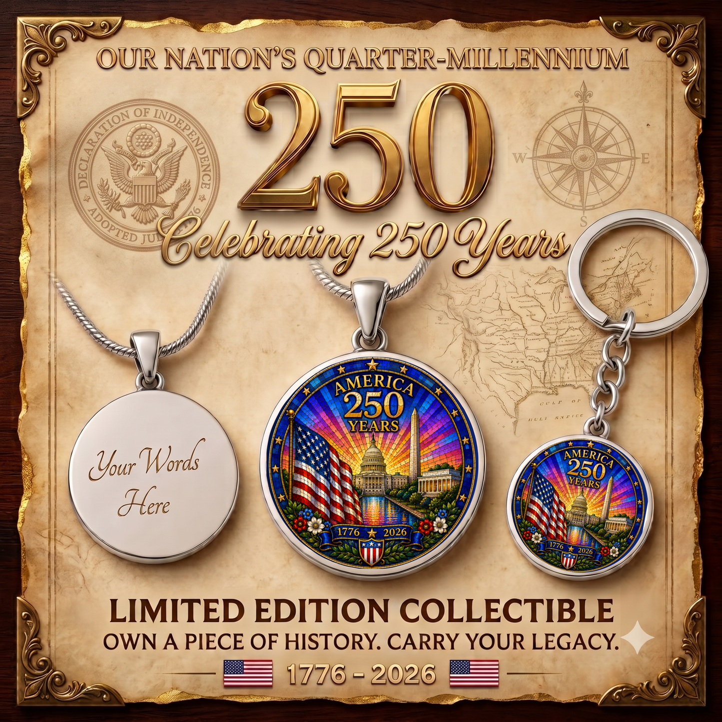 America 250 Years Necklace or Keychain Stained Glass Style USA Commemorative Limited Edition Patriotic Keepsake