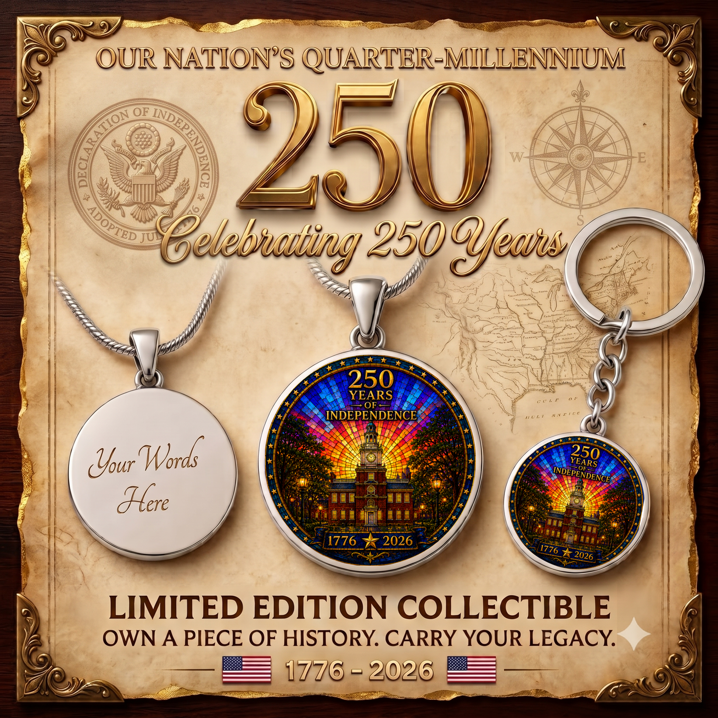 250 Years of Independence Necklace or Keychain Stained Glass Style Independence Hall USA Patriotic Commemorative Limited Edition