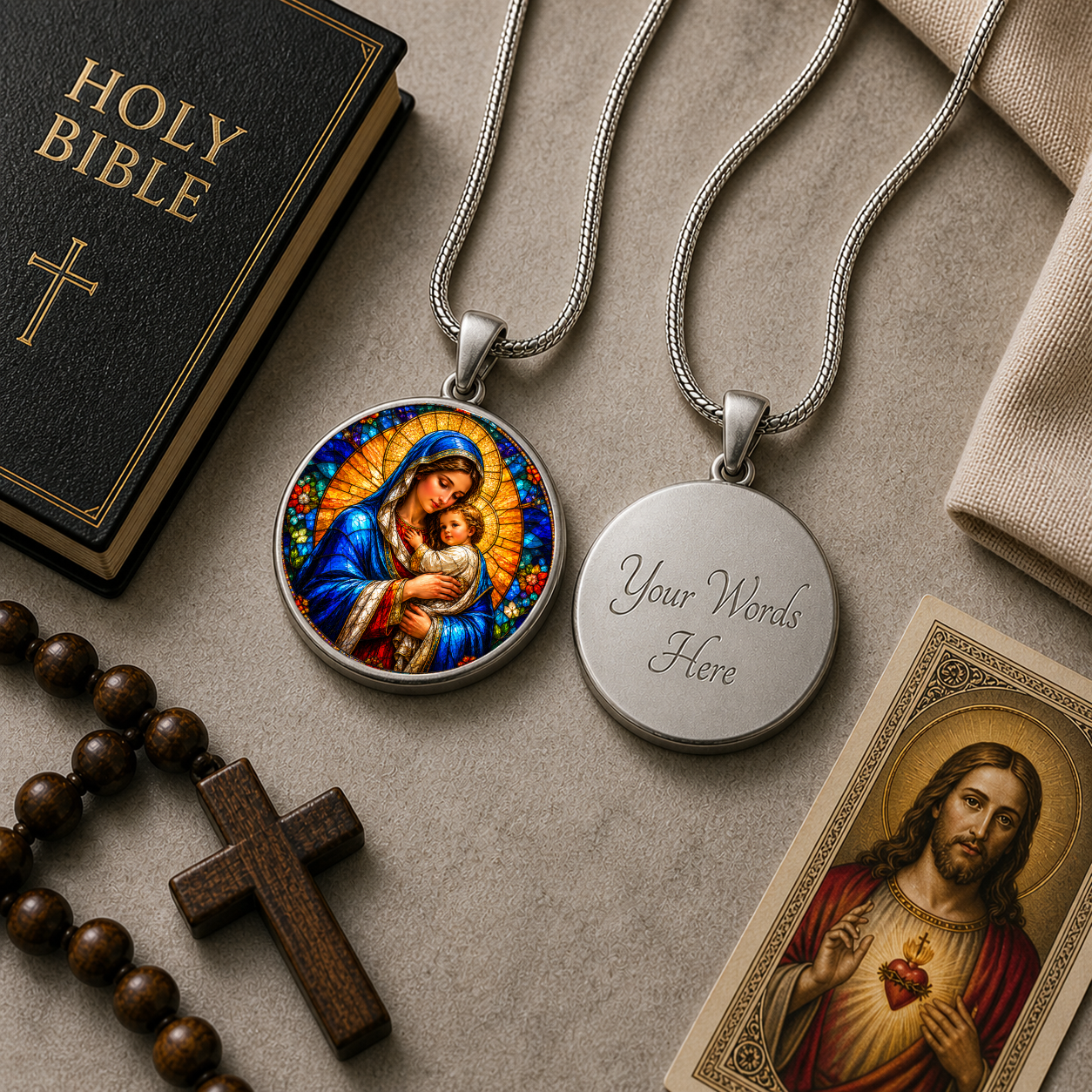 Mary and Baby Jesus Necklace or Keychain, Catholic Necklace, Virgin Mary Jewelry, Religious Keepsake Gift